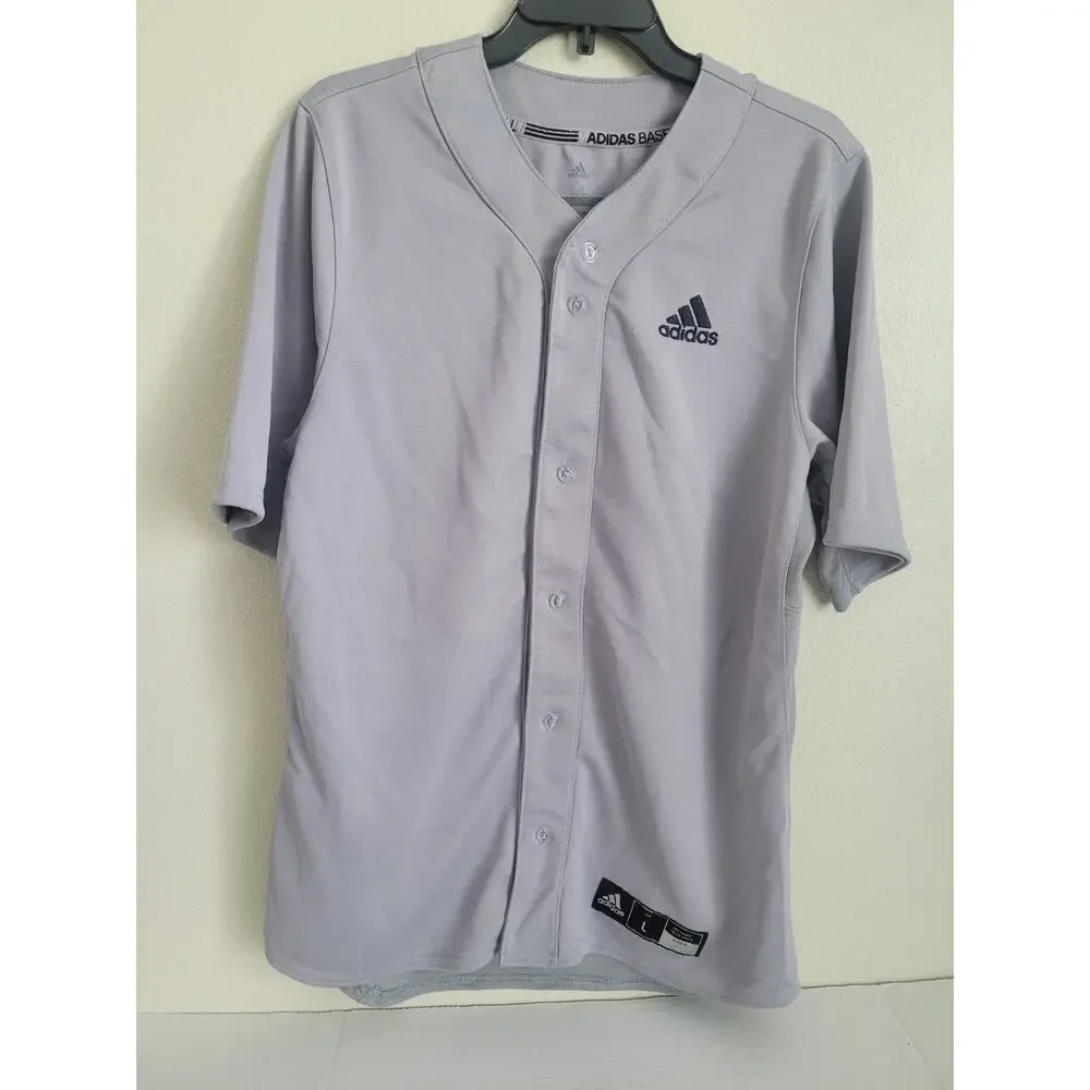Adidas Baseball Men's Shirt Gray Size L Short Sleeve‎ Button Up Logo Polyester